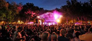 Crowd listening to an outside nighttime concert in a park